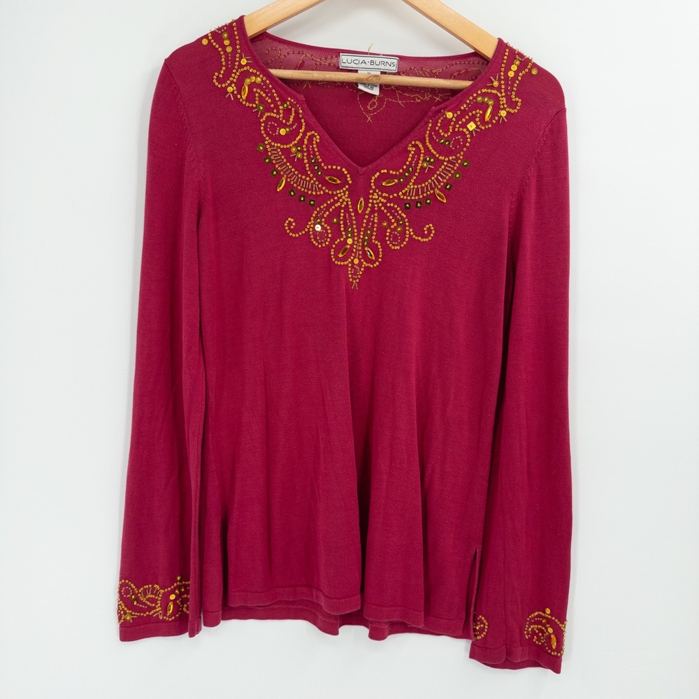 Lucia Burns Knit Top Women XL Pink Beaded Silk Blend Y2K 90s Whimsigoth Boho